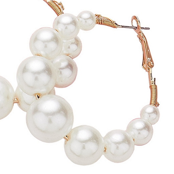 Cream Pearl 1.8" Gold Round Hoop Earrings Womens - Picture 2 of 2